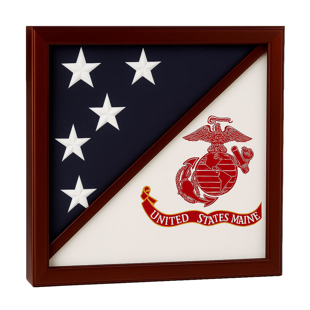 2 Flags Display Case - Marine Corps Flag and American Flag